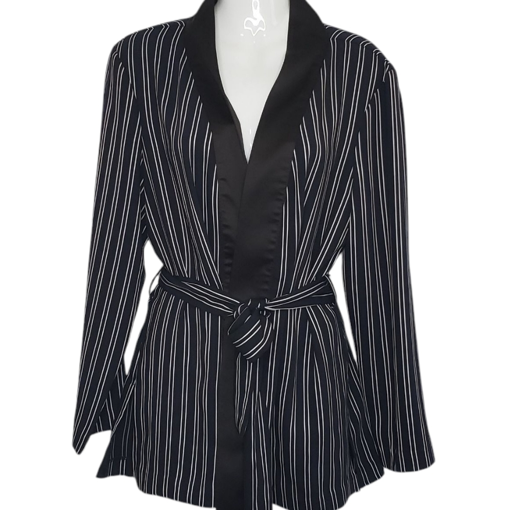 Zara Dark Navy White Striped Women's Relaxed Smoking Jacket Blazer Large